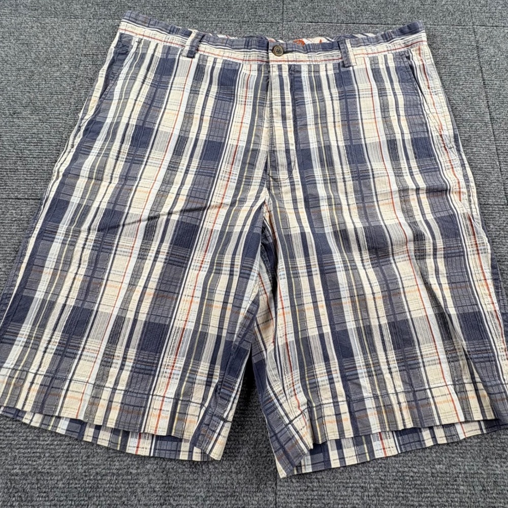 Tommy Bahama Mens 38 Plaid Shorts Cotton Silk Blend Blue Cream Orange Check